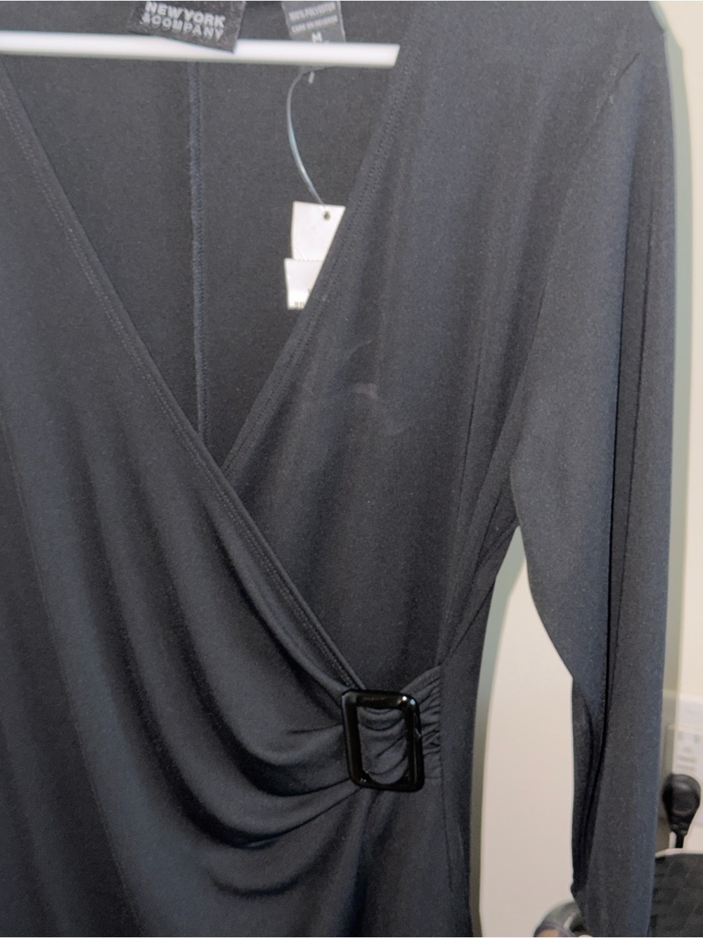 New York & Company Black Faux Wrap Buckle Dress | Size Medium | Stretch Knit - Picture 6 of 7